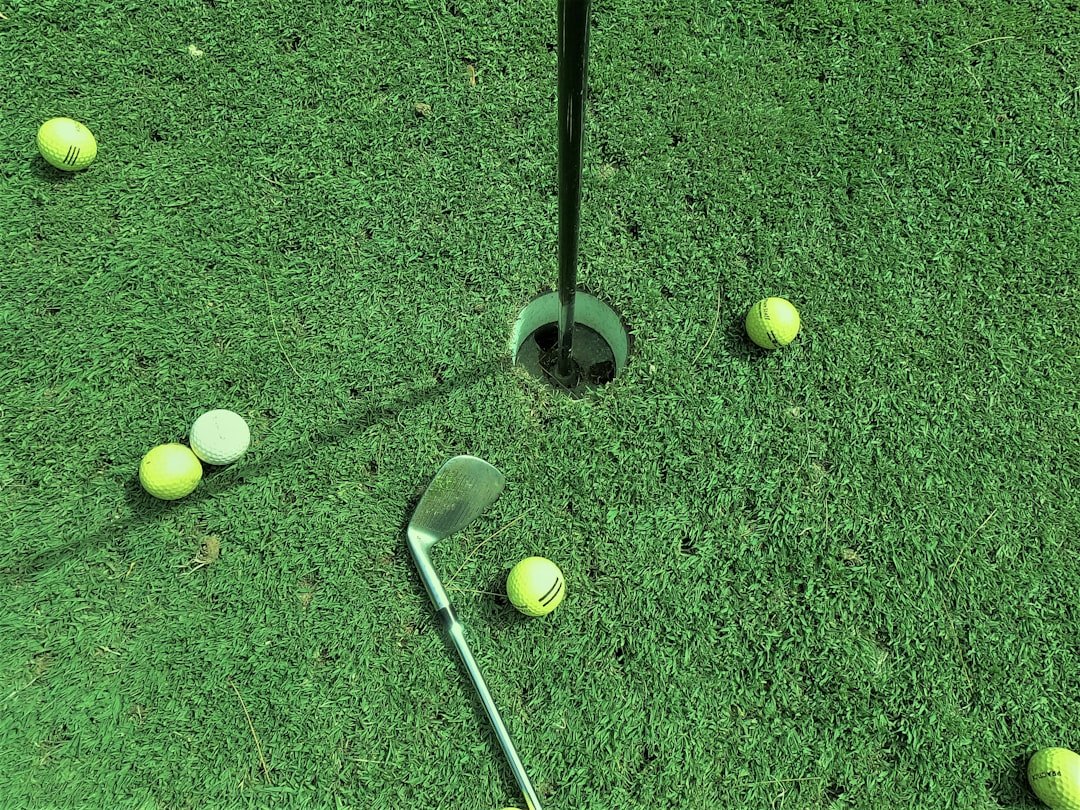 six golf balls near hole and one golf club